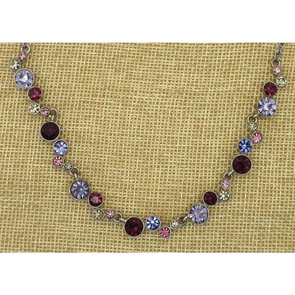 Napier Silver Tone Chain Multi Color Blue Pink Rhinestone Signed Necklace 16-18”